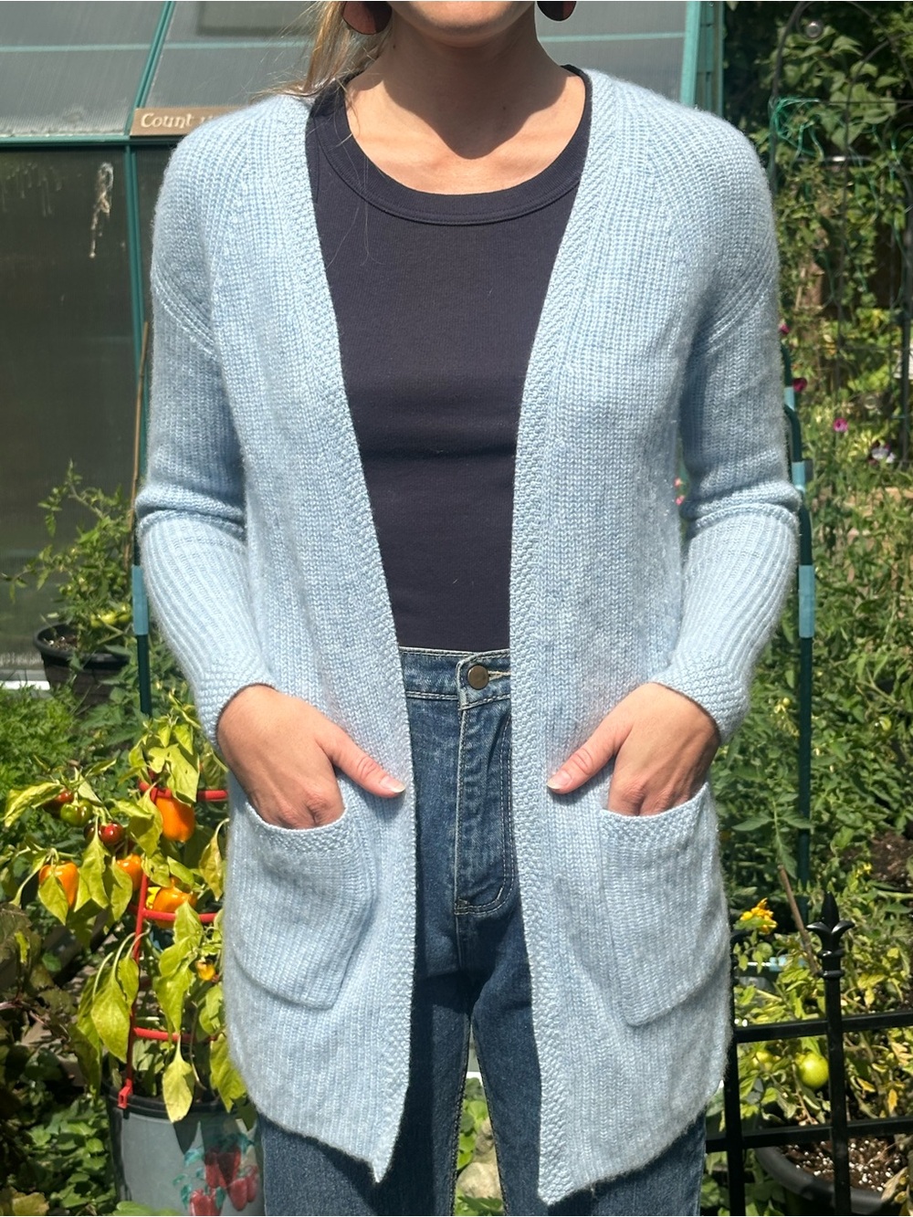Light Blue Open-Front Pocket Knit Cardigan - Women's Sweater